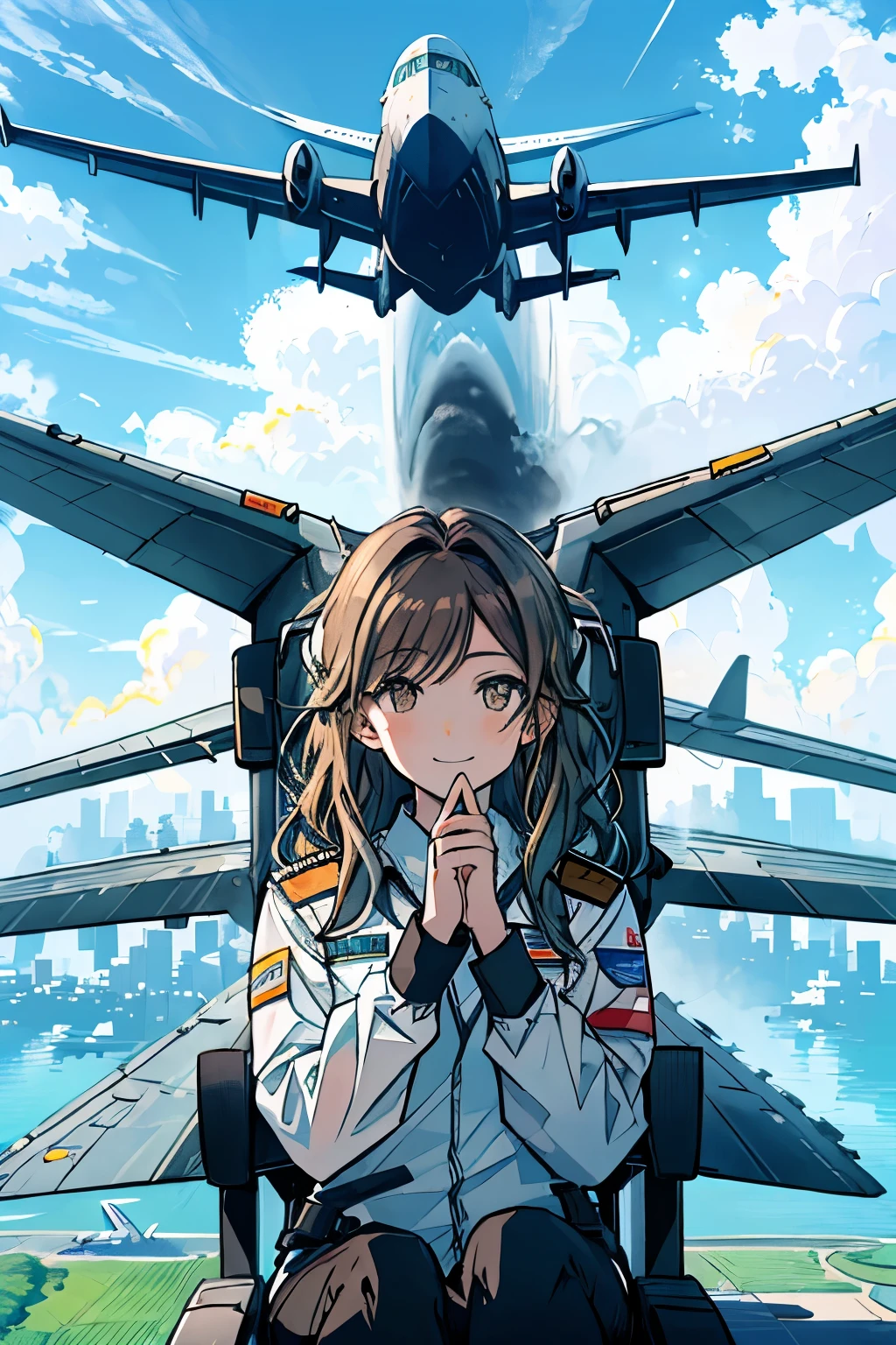 One girl with wavy brown hair and bright, sparkling brown eyes, sits in the cockpit of a Boeing 737 airplane during takeoff with a concentrating expression. The high-resolution enlarged depiction of her upper body shows her in a pilot's uniform, wearing a white shirt and black pants, and gripping the control columns. She turns to give a reassuring smile, signaling confidence to the passengers below, as the plane soars into the clear blue sky, leaving a trail of vapor in the air. Outside the cockpit window, the landscape transforms into a scenic view of lush green fields, sprawling cities, and a vast expanse of water as the air