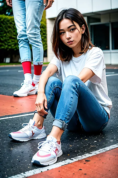 woman in sneakers , feet, skinny jeans、socks、close