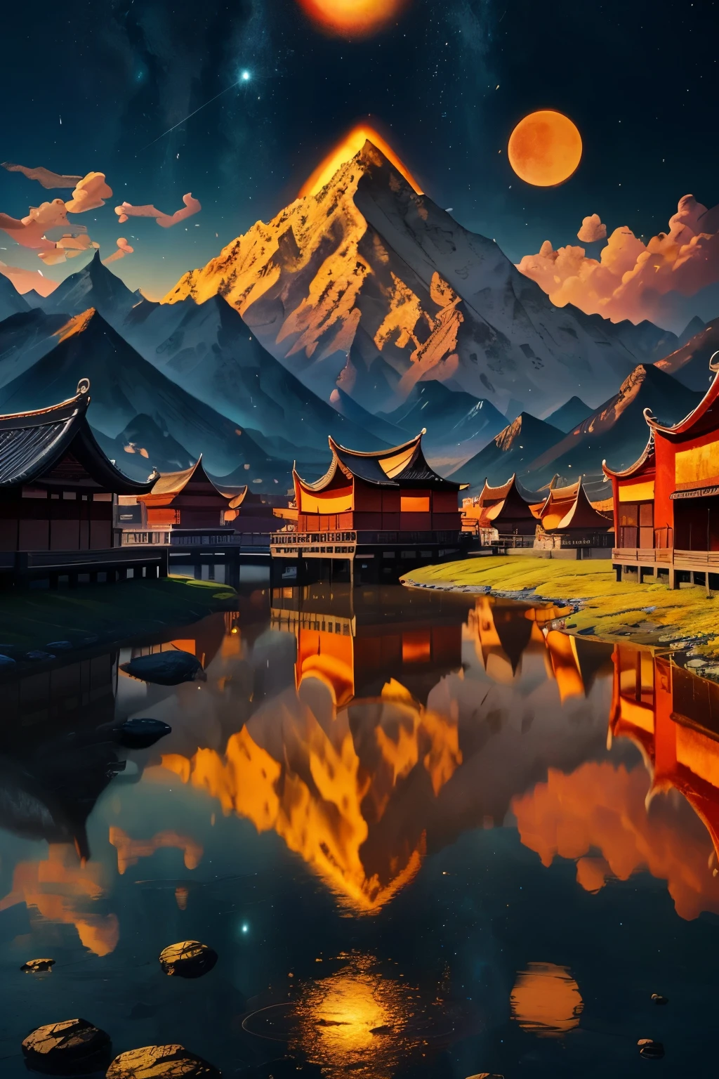 A masterpiece of a surreal scene, with ten golden suns illuminating the sky in radiant, hot hues. The Ultra HD, 32K image is incredibly detailed and realistic, showcasing the vibrant colors of the Chinese ancient village beneath. The clean background allows the intricate mountains and perspiring people to stand out, while children, drawn in the Pixar style, add a whimsical touch to this stunning wallpaper.
