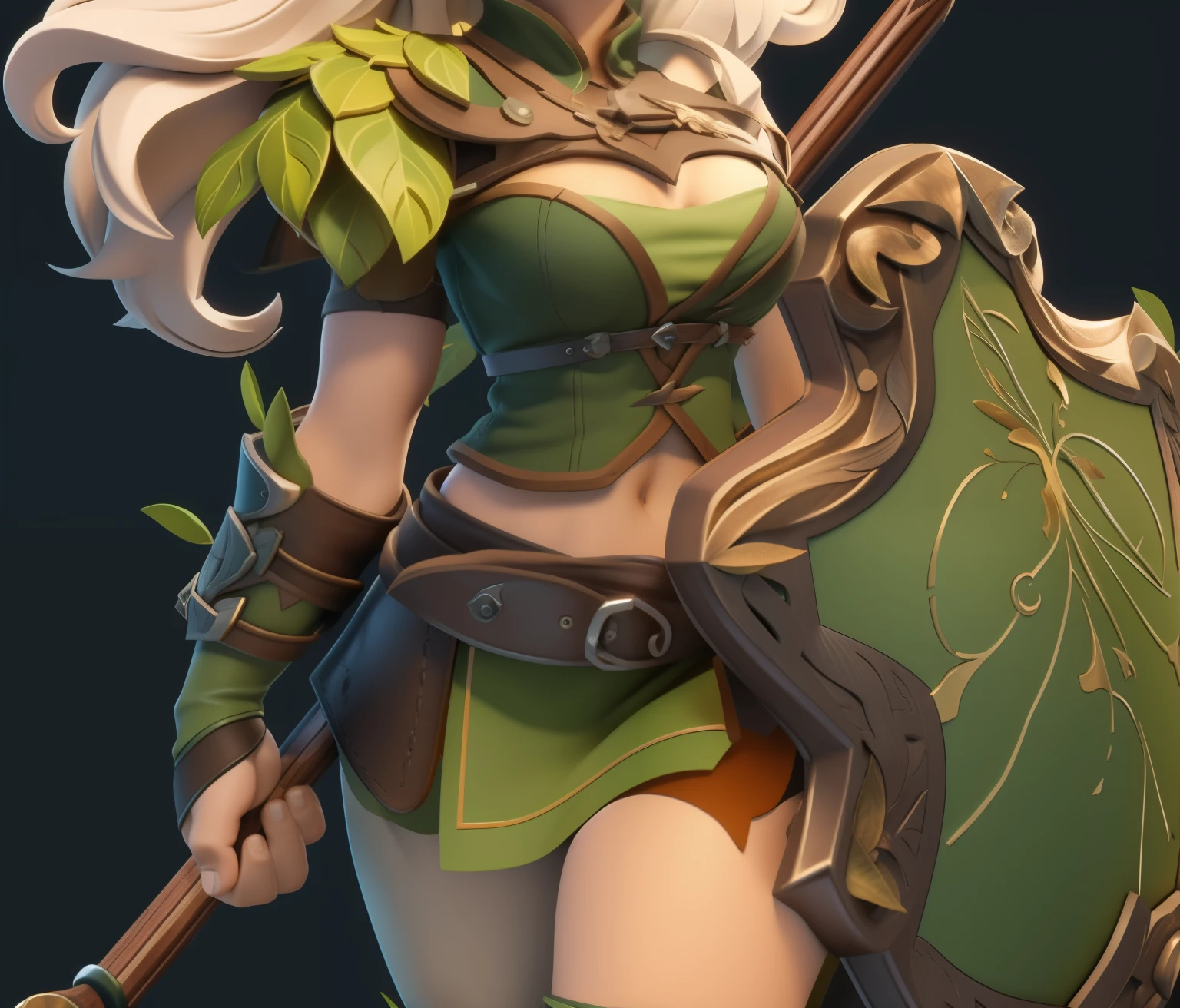 Leather belt, white hair, green tights, exposed navel, metal and leaf decoration, wooden shield, metal pattern (European and American cartoon Q version, 3D model rendering, medieval style), warrior, clash of clans style, cartoon model rendering, low polygon, High detail eyes, full body 3D painting, black background, masterpiece, best quality, best resolution, 8K
