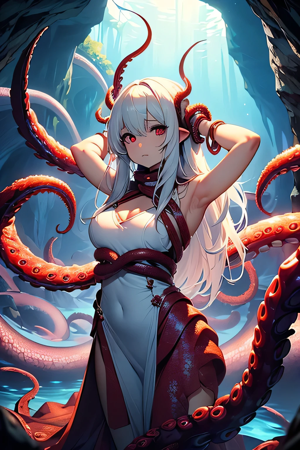 ((masterpiece)), ((highest quality)), (Very detailed),(In the cave),(monster),(((Many tentacles wrapped around the body))),pretty girl, One girl, alone, (White Japanese style dress),((Many tentacles bind his arms)), ((Thin waist)),Large Breasts, slim, thin,Beautiful white hair, Beautiful red eyes, (Beautiful Eyes), Long Hair,Troubled expression