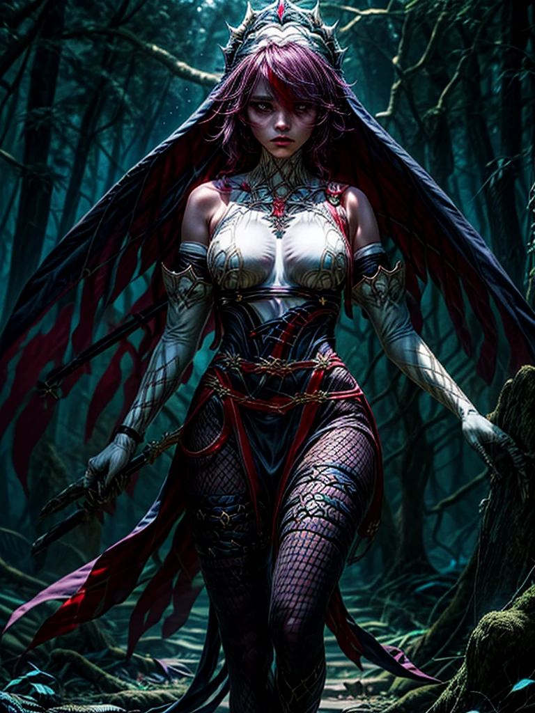 in the dark, mystical forest, a powerful and angry woman emerges from the depths of her own Creation. Her presence is accompanied by an intimidating aura....., emits ominous energy, striking fear into the hearts of everyone, who will meet her.. With her mesmerizing, sparkling eyes, she has the ability to think and manipulate others, Using your powers, corrupt the purest souls. Worn in torn condition, ethereal clothes, her anger is emphasized, as her figure is partially visible through translucent clothing, causing intrigue, Also, like a wish. There&#39;There&#39;There&#39;there&#39;s an epic vibe around her...., as if the very fabric of reality bends to her will. She is surrounded by an otherworldly glow, throwing an eerie light onto the stage. In the background, ghostly figures float silently, representing souls, which she captured and enslaved. The air is filled with a feeling of foreboding, how ghostly ghosts silently mourn their tragic fate.. Highest overall image quality, Every intricate detail is carefully and masterfully drawn..... The artistic style combines elements of a dark portrait....., demonstration of the perverted beauty of the villain, and unearthly landscape, depicting a ghostly forest, which serves as her domain. Dark colors predominate in the color palette...., cool tones, emphasizing a dark and supernatural atmosphere. (high quality, Best quality), detailed skin, detailed background, bright, oil painting 1 girl, pale skin, , draw up, eyeshadow, Perfect eyes, perfect ass, juicy ass, night, Все тело Rosariadef, upper body, smile, blush, on open air, day, Simple background, Rosariadef, upper body, smile, blush, on open air, day, Simple background, blue sky, short hair, sky, Temple, I look at the viewer, ladder, mountain, moody lighting,,pale skin,fishnet tights
