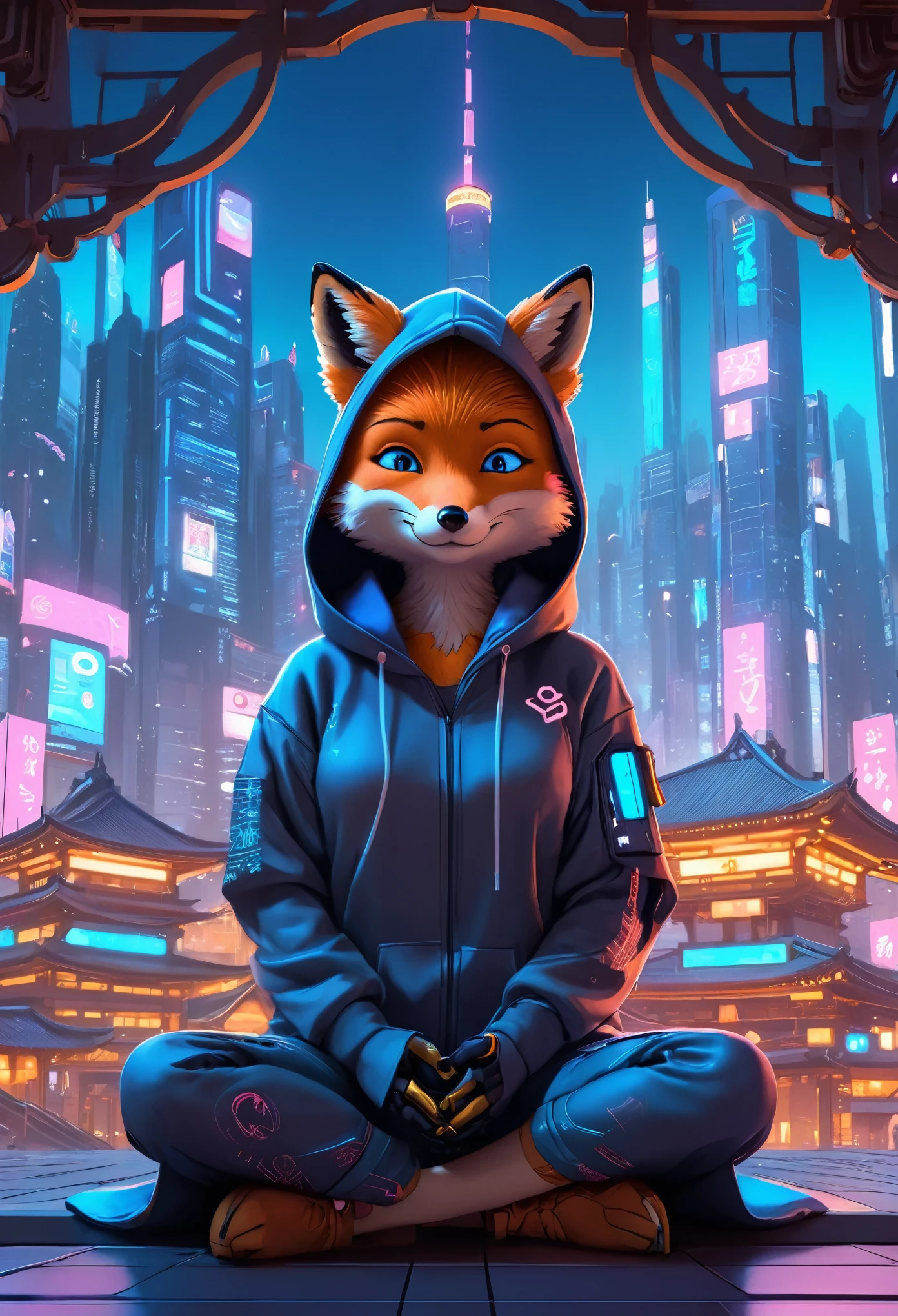 (Cute cartoon, CuteCartoonAF. | A masterpiece in maximum resolution 16K. | (cute cartoon style). | front view (solo adorable fox cyberpunk citizen) (meditating in a spacious Japanese pavilion), (wear a fashionable hoodie), ((mechanical cyberpunk)). | (((soft smile, I look at the viewer))), (bright blue eyes), ((one of the eyes is mechanical)). | cyberpunk cityscape in the background. | ((more detail))