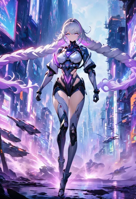 (Whole body image:1.5), (Extremely detailed CG unified 16k wallpaper:1.1), (Denoising Strength: 1.45), Beautiful and delicate eyes, Color Background, mech coverage, Dark purple with white hair, Fluorescent violet, cool action, Beautiful and detailed cyberpunk city, Colorful hair, Beautiful and delicate light, 1 girl, Expressionless, Cold expression, sports, HD semi-realistic anime CG concept art digital painting, glowing light, masterpiece, best quality