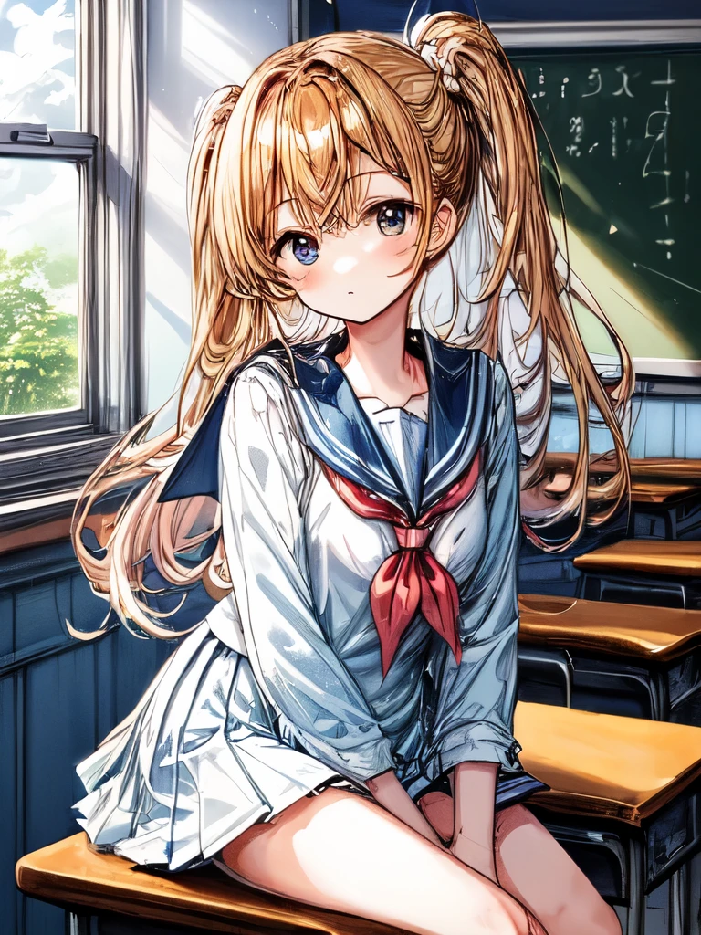 Create an image of a sitting girl, sailor suit, classroom, A person leaning on their hand and staring at you with a thoughtful expression. The image should capture the essence of summer, The girl should be in a typical summer pose, with a high-contrast effect and a subtle glow. The upper part of the screen should have a darker tone, gradually transitioning into a brighter tone towards the bottom.A beautiful scene of fluffy cumulus clouds entering through the window in the background.