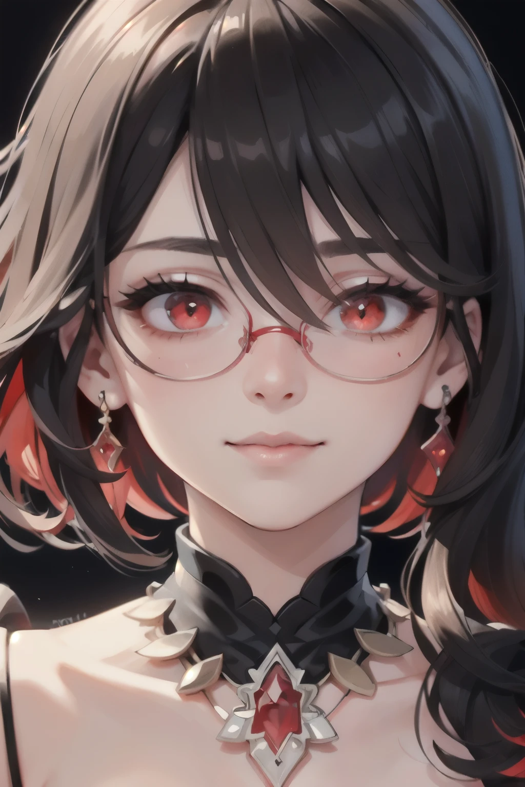 (Very detailed:1.3), 
sc-san_Nix, (jewelry:1.3), (Semi-rimless eyewear:1.2), (Mouth closed:1.1),  (A light smile:1.1), (Red Diamond Necklace:1.3),  Red eyes, 
edge ear piercing, ear piercing, 
Super detailed, (High resolution:1.1), highest quality, (masterpiece:1.3), Cinema Lighting, 
(Very detailed face and eyes:1.3),