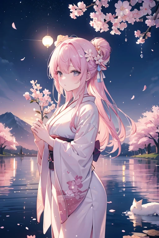 (best quality,4k,8k,highres,masterpiece:1.2),ultra-detailed,(realistic,photorealistic,photo-realistic:1.37),beautiful japanese landscape,mountain fuji,cherry blossoms trees,glittering moon,stars,night,tranquil,serene,reflecting on calm water,traditional wooden bridge,crimson and pink petals,glassy lake surface,silhouette of pagoda,delicate sakura blossoms swirling in the breeze,colorful lanterns illuminating the scene,golden shimmer on the mountain peak,peaceful atmosphere,elegant and graceful,ethereal beauty,serenity in nature,subtle shades of purple,blue,and green,evoke a sense of tranquility