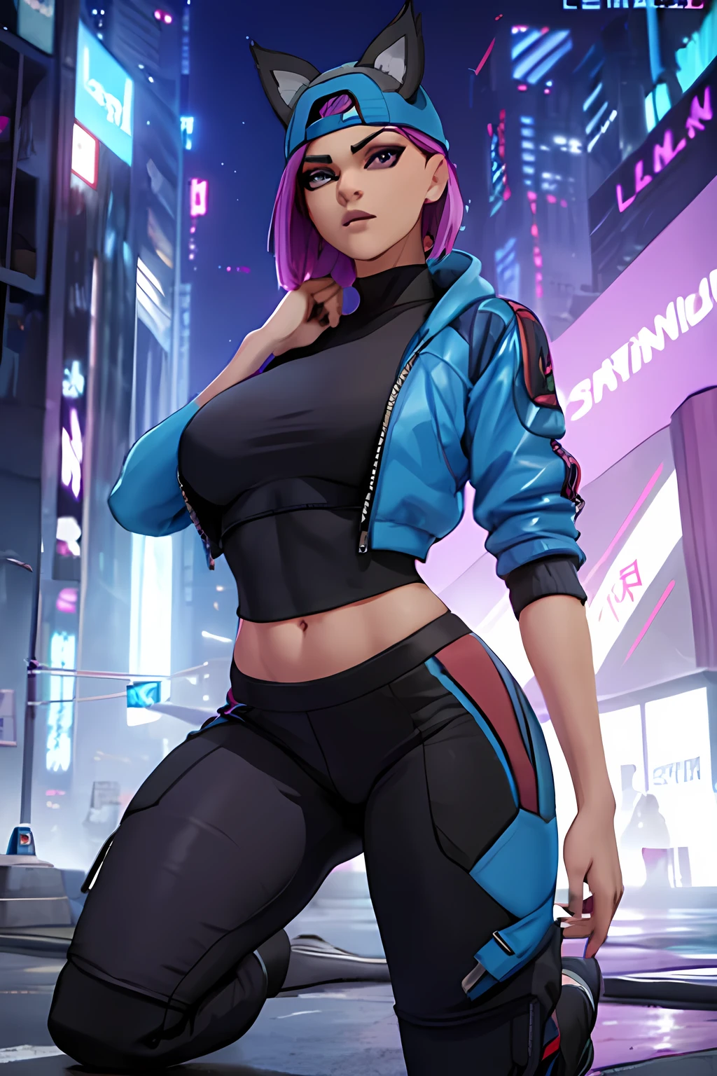 Lynx , sitting, cyberpunk night , jogger pants , Gray and Blue jacket,extremely detailed, Detailed face ,pies ,beautiful face, fine eyes, looking at the viewer, feminine pose 