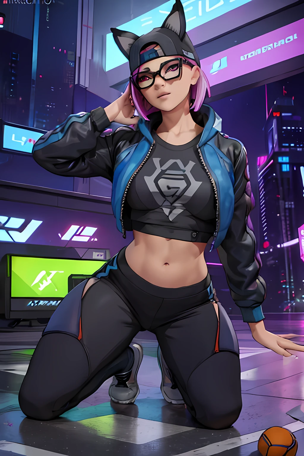 Lynx , sitting, cyberpunk night , jogger pants , Gray and Blue jacket,extremely detailed, Detailed face, glasses,pies ,beautiful face, fine eyes, looking at the viewer, feminine pose 