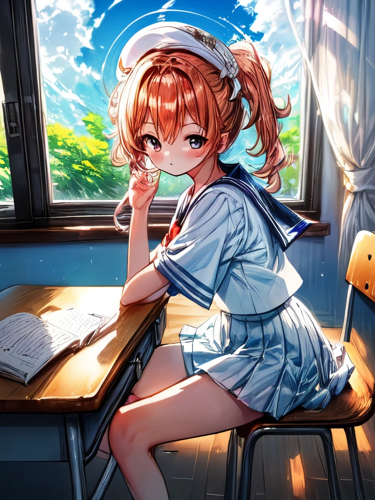 Create an image of a sitting girl, sailor suit, classroom, Generate an image of someone lounging on a desk. The image should capture the essence of summer, The girl should be in a typical summer pose, with a high-contrast effect and a subtle glow. The upper part of the screen should have a darker tone, gradually transitioning into a brighter tone towards the bottom.A beautiful scene of fluffy cumulus clouds entering through the window in the background.