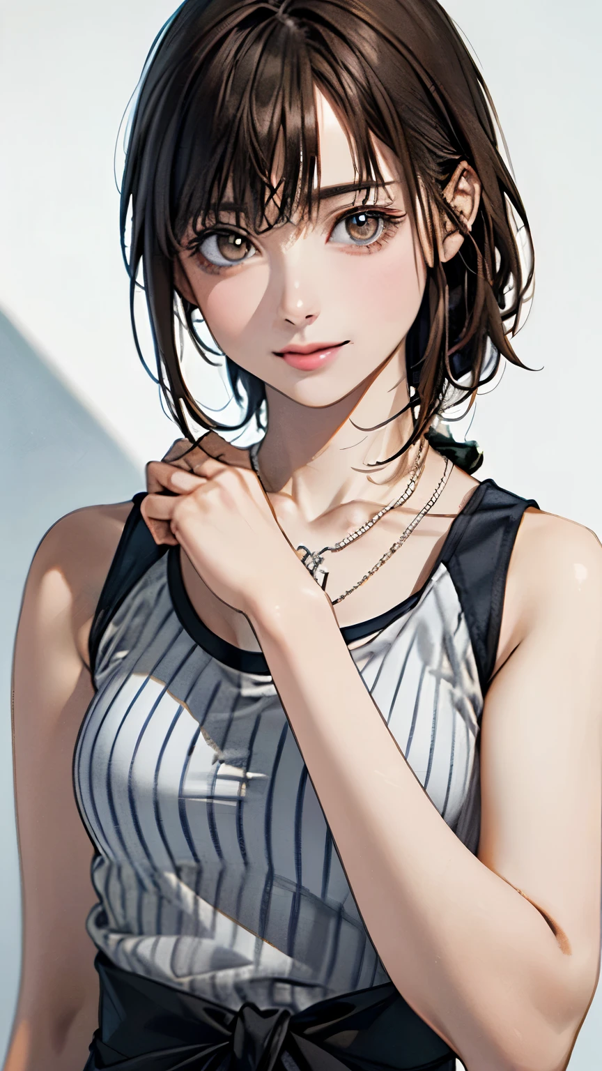 (highest quality、8k、32K、masterpiece)、(realistic)、(Photoreal:1.2)、(High resolution)、Super detailed、very beautiful face and eyes、1 girl、round and small face、thin waist、delicate body、(close、highest quality、high detail、rich skin details)、(highest quality、8k、oil paint:1.2)、Super detailed、(realistic、realistic:1.37)、bright colors、(((brown hair)))、(((bust shot)))、(((medium hair)))、(((pure white wall background)))、(((pure white wall background)))、(((White and gray stripes々wear a tank top)))、(((laughing)))、(((I&#39;m wearing a horizontal striped tank top)))、(((look straight ahead)))、(((brown hair)))、(((wearing a heart necklace)))、(((She is wearing a white and gray striped tank top)))、(((her hair is tied up with a yellow ribbon)))、(((Raising hands)))