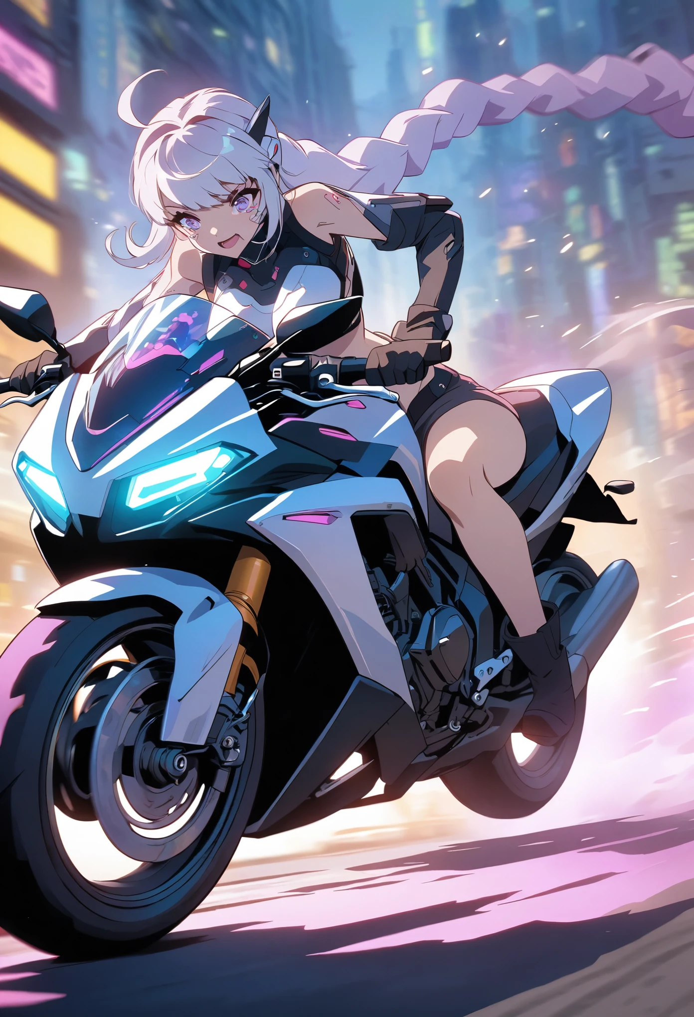 Chica anime conduciendo una motocicleta.，anime ciberpunk, sentado en motocicleta,Desenfoque de movimiento