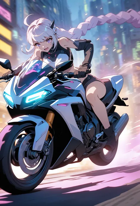 Anime girl riding a motorcycle，Anime Cyberpunk Art, sitting on motorcycle,Motion Blur