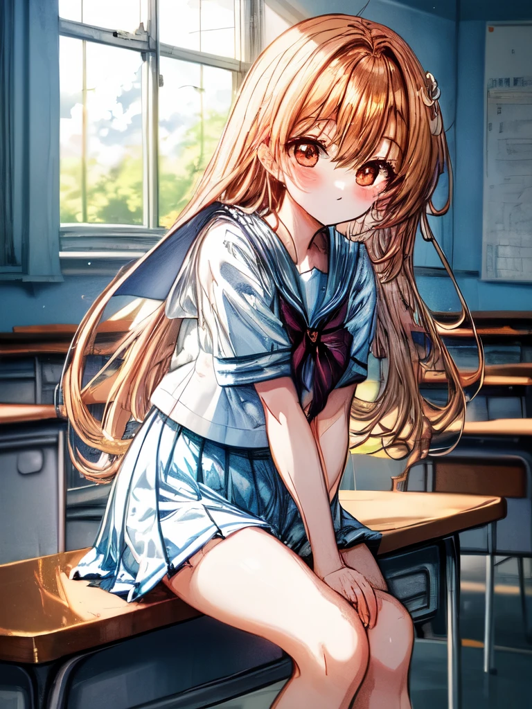 Create an image of a sitting girl, sailor suit, classroom, Generate an image of someone lounging on a desk. The image should capture the essence of summer, The girl should be in a typical summer pose, with a high-contrast effect and a subtle glow. The upper part of the screen should have a darker tone, gradually transitioning into a brighter tone towards the bottom.A beautiful scene of fluffy cumulus clouds entering through the window in the background.