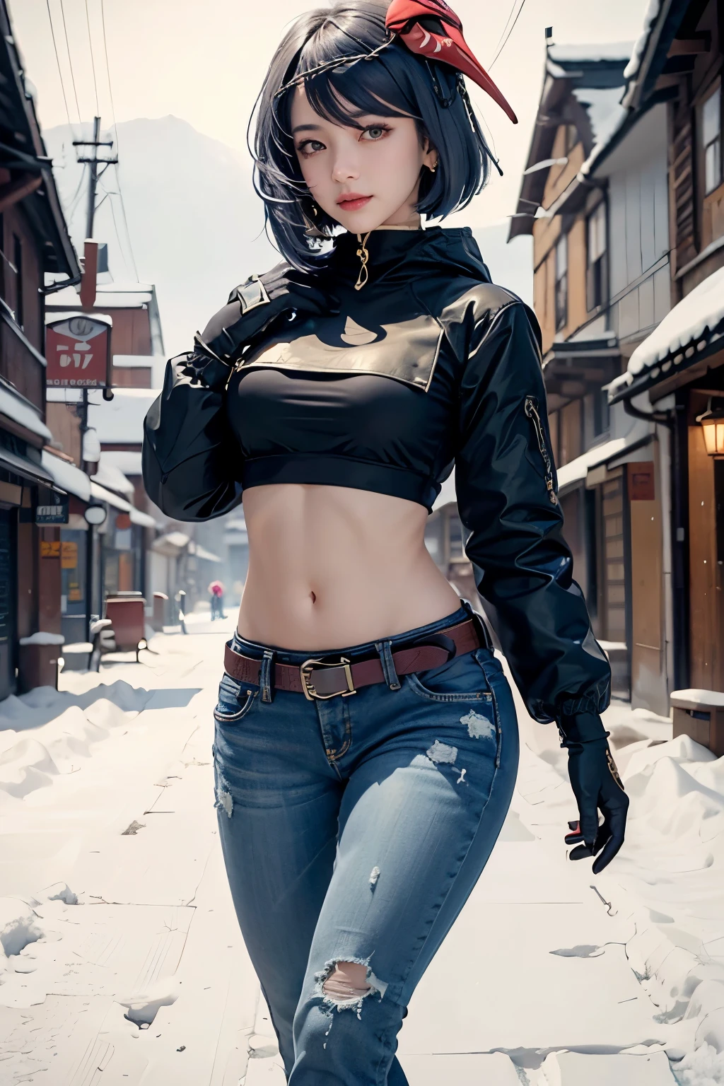 1girl, (long sleeved crop puffer parka, long jeans, big earrings, iron belt, boots), ((midriff, navel)), snowy town, looking at viewer, smile, walking, fashion pose, ((hands on stomach)), (cinematic lighting, best quality, masterpiece, high details, best quality, highres, HD, 4K, 8k, super detail), (kujou sara:1.3), mask on head, blue hair, short hair, yellow eyes, gloves