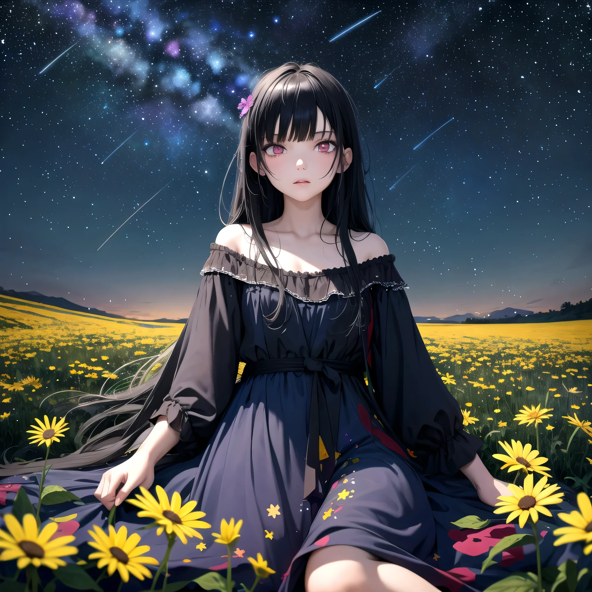 very colorful girl, dark and dangerous backgrounds, masterpiece, best quality, 1 girl, black hair, looking up at the stars, lying on the flowers, field of withered flowers, night, starry sky, piercing eyes.