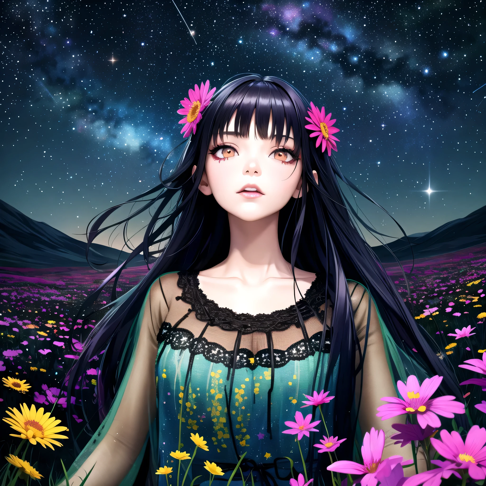 very colorful girl, dark and dangerous backgrounds, masterpiece, best quality, 1 girl, black hair, looking up at the stars, lying on the flowers, field of withered flowers, night, starry sky, piercing eyes.