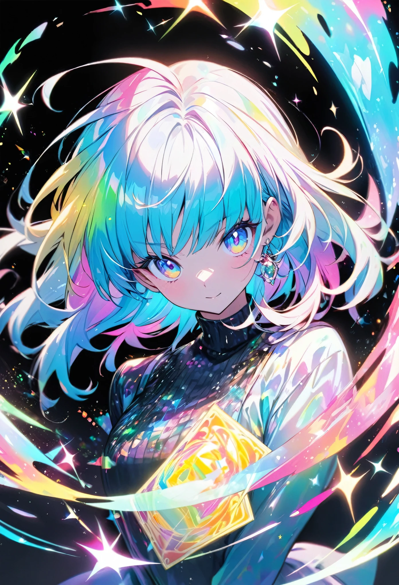 Une carte holographique de haute qualité représentant une fille de style anime, avec des paillettes, nacre, et un fond noir autour de la carte, coloration claire, et coloré