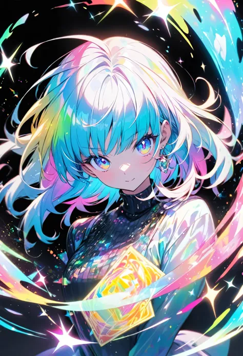 A high-quality hologram card depicting an anime-style girl, with glitter, mother-of-pearl, and a black background around the car...