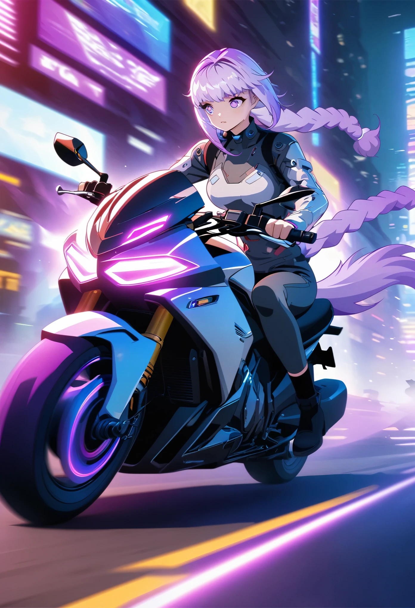 Menina na motocicleta，cabelo roxo gradiente，Cauda dupla，pupilas roxas，arte cyberpunk de anime, sentado na moto,desfoque de movimento，Jogo CG Estilo，Textura fina
