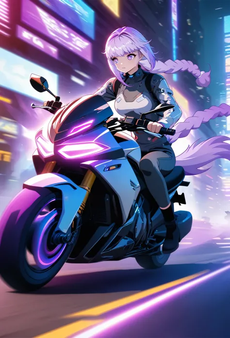 Girl on motorcycle，Gradient purple hair，Double tail，Purple pupils，Anime Cyberpunk Art, sitting on motorcycle,Motion Blur，Game cg style，Fine texture