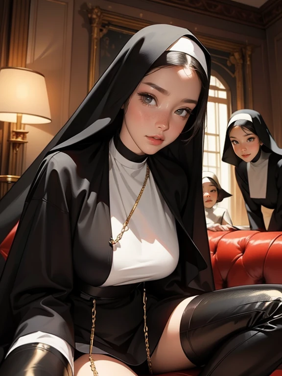 masterpiece, Dynamic Snapshot, ((3 women)), A picture of 2 beautiful succubus girls and 1 sexual a nun on a leash, ((2 demon girls and a a nun)), a nun, demons, beautiful demon girls, horror, dark, sexual, ((rough dominance, dominance)), a nun on a leash, bdsm, Gold Chains, (golden leash), collar, Beautiful bodies, slim, horror style, Very Detailed Faces, red silk underwear, Stockings, leather skinny boots, Close-up