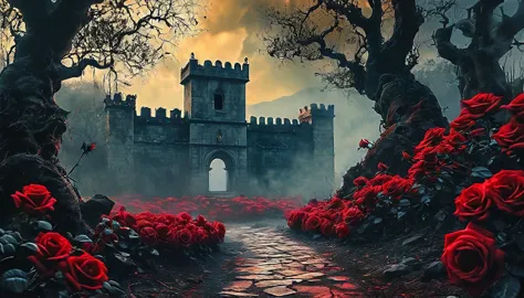 castelo of bloody roses,rosas vermelhas,old tree,sinistro por greg rutkowski,pintura fosca detalhada,hyper-detailed charcoal dra...