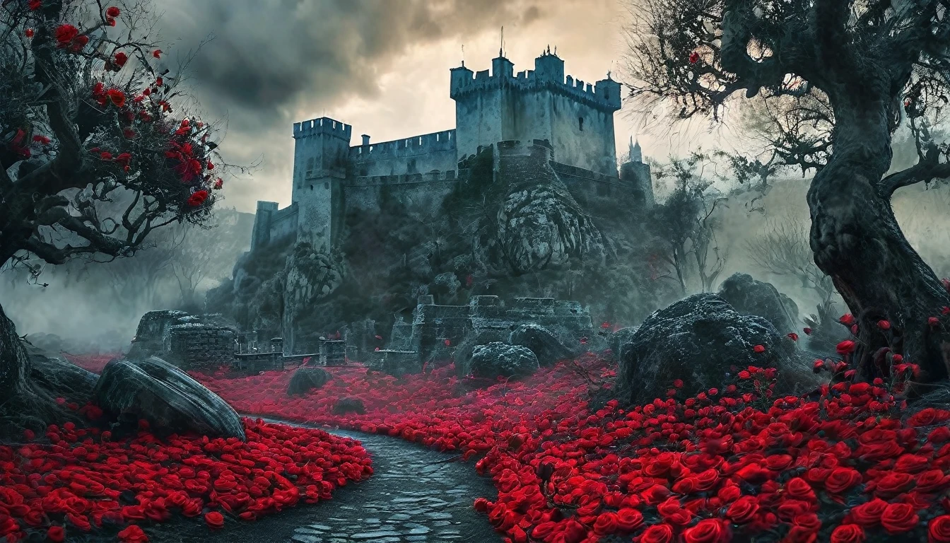 castelo of bloody roses,rosas vermelhas,old tree,sinistro por Greg Rutkowski,pintura fosca detalhada,Hyper-detailed charcoal drawing,(melhor qualidade,4K,8k,high resolution,obra de arte:1.2),ultra-detalhado,(realista,photorealista,photo-realista:1.37),HDR,Ultra HD,studio lighting,Pintura ultrafina,sharp focus,physically based rendering,extreme detailed description,profissional,cores vivas,Bokeh,Horror,castelo,atmosfera misteriosa,vinhas espinhosas,arquitetura antiga,threatening sky,sombras escuras,beleza assustadora,gothic elements,Estrutura majestosa,ominous presence,jardim encantado,pingando sangue,petals dipped in crimson,AMBIENTE TRISTE,figuras sinistras,gritos distantes,segredos obscuros,barren branches,mystic energy,Noite de lua cheia,atmosfera assombrada,Danger lurking,paredes manchadas de sangue,macabre elegance,Beleza retorcida,simbolismo hipnotizante,crumbling stones,Forgotten history,ventos sussurrantes,nostalgic charm,textura robusta,moody lighting,ethereal aura,mysterious fascination,floresta encantada,romance proibido Cinematic film still, shot on v-raptor XL, film grain, vignette, color graded, post-processed, cinematic lighting, 35mm film, live-action, best quality, atmospheric, a masterpiece, epic, stunning, dramatic