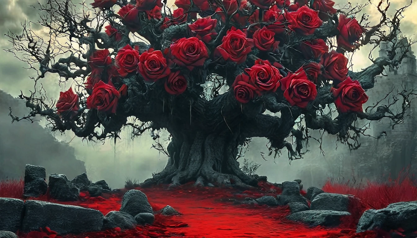 castelo of bloody roses,rosas vermelhas,old tree,sinistro por Greg Rutkowski,pintura fosca detalhada,Hyper-detailed charcoal drawing,(melhor qualidade,4K,8k,high resolution,obra de arte:1.2),ultra-detalhado,(realista,photorealista,photo-realista:1.37),HDR,Ultra HD,studio lighting,Pintura ultrafina,sharp focus,physically based rendering,extreme detailed description,profissional,cores vivas,Bokeh,Horror,castelo,atmosfera misteriosa,vinhas espinhosas,arquitetura antiga,threatening sky,sombras escuras,beleza assustadora,gothic elements,Estrutura majestosa,ominous presence,jardim encantado,pingando sangue,petals dipped in crimson,AMBIENTE TRISTE,figuras sinistras,gritos distantes,segredos obscuros,barren branches,mystic energy,Noite de lua cheia,atmosfera assombrada,Danger lurking,paredes manchadas de sangue,macabre elegance,Beleza retorcida,simbolismo hipnotizante,crumbling stones,Forgotten history,ventos sussurrantes,nostalgic charm,textura robusta,moody lighting,ethereal aura,mysterious fascination,floresta encantada,romance proibido Cinematic film still, shot on v-raptor XL, film grain, vignette, color graded, post-processed, cinematic lighting, 35mm film, live-action, best quality, atmospheric, a masterpiece, epic, stunning, dramatic