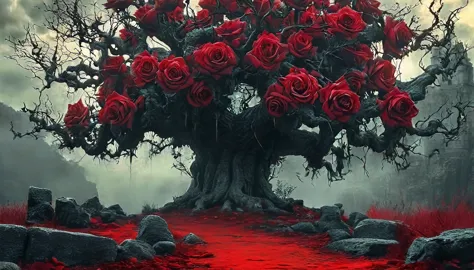 castelo of bloody roses,rosas vermelhas,old tree,sinistro por greg rutkowski,pintura fosca detalhada,hyper-detailed charcoal dra...