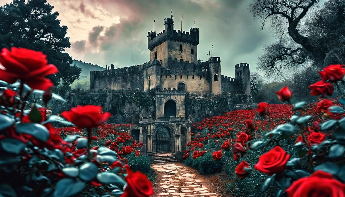 castelo of bloody roses,rosas vermelhas,old tree,sinistro por Greg Rutkowski,pintura fosca detalhada,Hyper-detailed charcoal drawing,(melhor qualidade,4K,8k,high resolution,obra de arte:1.2),ultra-detalhado,(realista,photorealista,photo-realista:1.37),HDR,Ultra HD,studio lighting,Pintura ultrafina,sharp focus,physically based rendering,extreme detailed description,profissional,cores vivas,Bokeh,Horror,castelo,atmosfera misteriosa,vinhas espinhosas,arquitetura antiga,threatening sky,sombras escuras,beleza assustadora,gothic elements,Estrutura majestosa,ominous presence,jardim encantado,pingando sangue,petals dipped in crimson,AMBIENTE TRISTE,figuras sinistras,gritos distantes,segredos obscuros,barren branches,mystic energy,Noite de lua cheia,atmosfera assombrada,Danger lurking,paredes manchadas de sangue,macabre elegance,Beleza retorcida,simbolismo hipnotizante,crumbling stones,Forgotten history,ventos sussurrantes,nostalgic charm,textura robusta,moody lighting,ethereal aura,mysterious fascination,floresta encantada,romance proibido Cinematic film still, shot on v-raptor XL, film grain, vignette, color graded, post-processed, cinematic lighting, 35mm film, live-action, best quality, atmospheric, a masterpiece, epic, stunning, dramatic