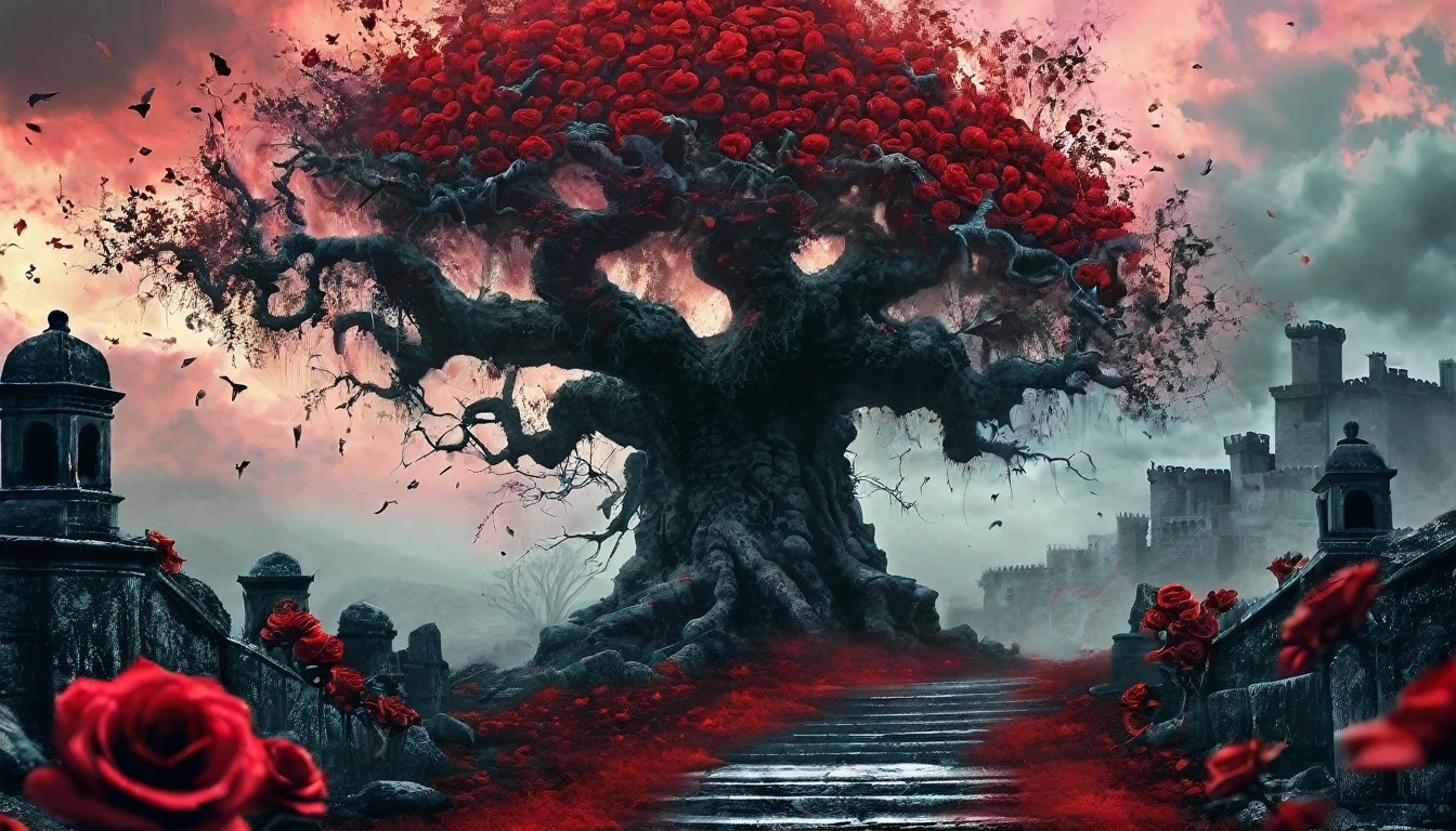 castelo of bloody roses,rosas vermelhas,old tree,sinistro por Greg Rutkowski,pintura fosca detalhada,Hyper-detailed charcoal drawing,(melhor qualidade,4K,8k,high resolution,obra de arte:1.2),ultra-detalhado,(realista,photorealista,photo-realista:1.37),HDR,Ultra HD,studio lighting,Pintura ultrafina,sharp focus,physically based rendering,extreme detailed description,profissional,cores vivas,Bokeh,Horror,castelo,atmosfera misteriosa,vinhas espinhosas,arquitetura antiga,threatening sky,sombras escuras,beleza assustadora,gothic elements,Estrutura majestosa,ominous presence,jardim encantado,pingando sangue,petals dipped in crimson,AMBIENTE TRISTE,figuras sinistras,gritos distantes,segredos obscuros,barren branches,mystic energy,Noite de lua cheia,atmosfera assombrada,Danger lurking,paredes manchadas de sangue,macabre elegance,Beleza retorcida,simbolismo hipnotizante,crumbling stones,Forgotten history,ventos sussurrantes,nostalgic charm,textura robusta,moody lighting,ethereal aura,mysterious fascination,floresta encantada,romance proibido Cinematic film still, shot on v-raptor XL, film grain, vignette, color graded, post-processed, cinematic lighting, 35mm film, live-action, best quality, atmospheric, a masterpiece, epic, stunning, dramatic