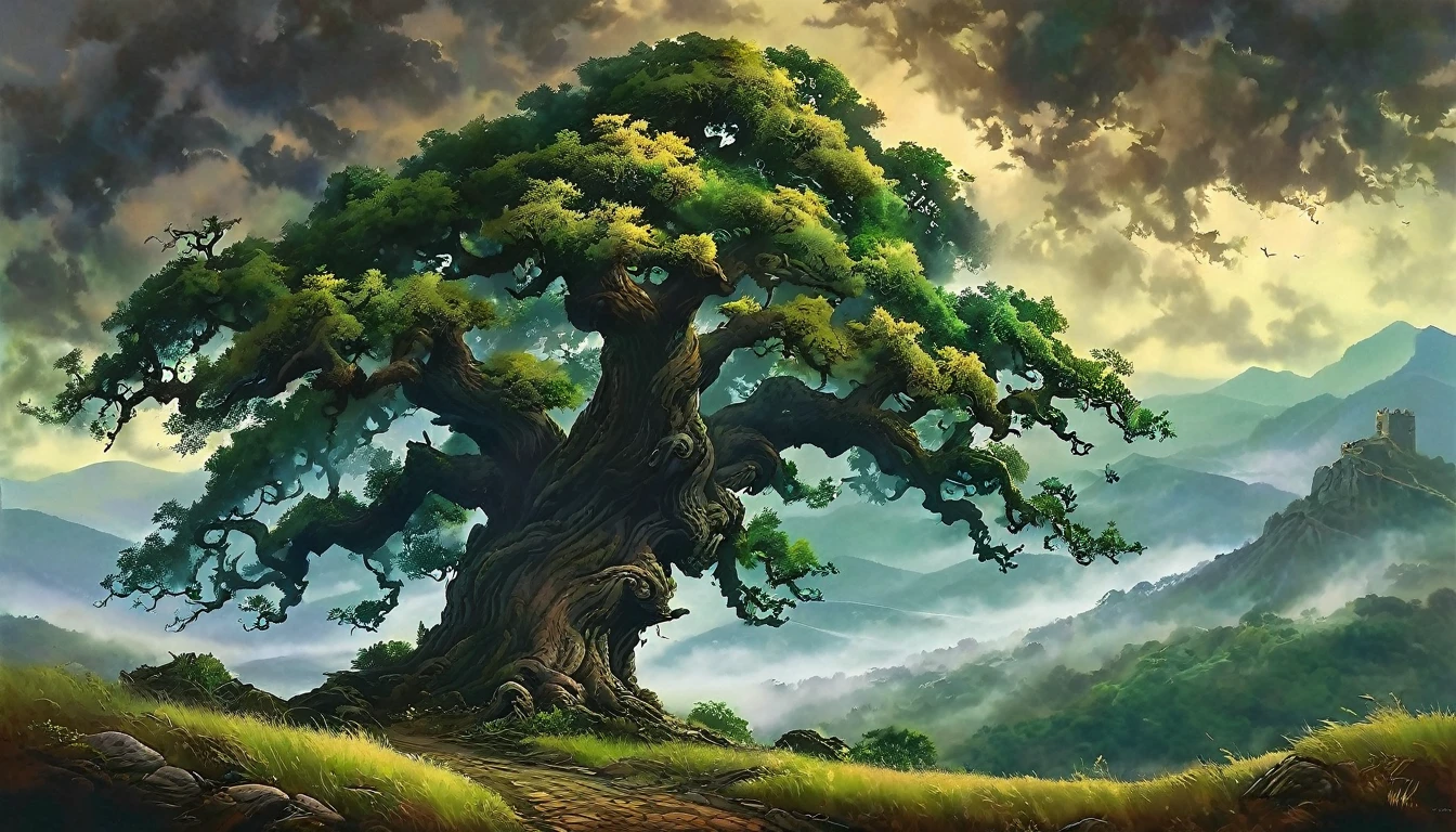 An ancient, towering oak tree stands majestically on a hill, its gnarled branches reaching towards the sky. In the background, ominous dark mountains loom in the distance, their peaks veiled in mist. This picturesque scene is captured in a vivid painting, each detail meticulously rendered in lush shades of green and brown.