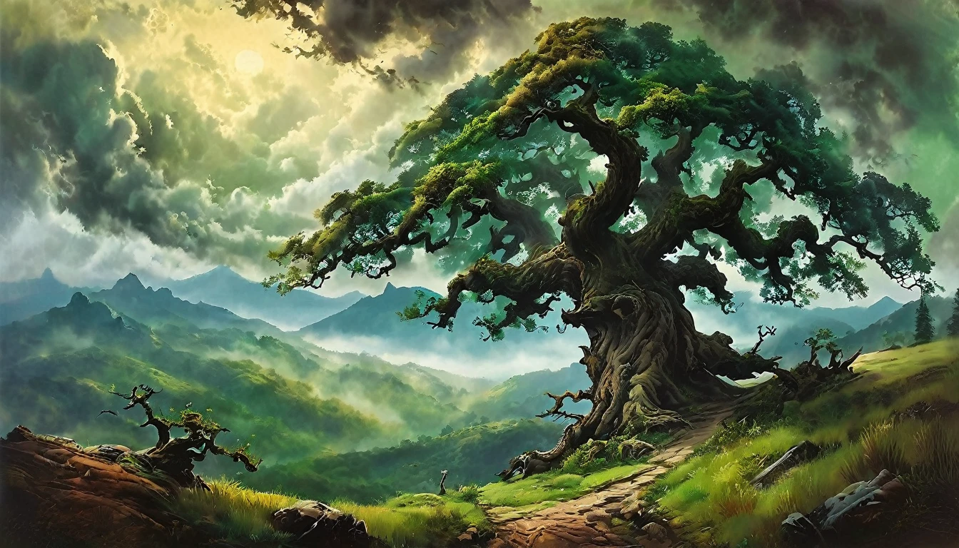 An ancient, towering oak tree stands majestically on a hill, its gnarled branches reaching towards the sky. In the background, ominous dark mountains loom in the distance, their peaks veiled in mist. This picturesque scene is captured in a vivid painting, each detail meticulously rendered in lush shades of green and brown.