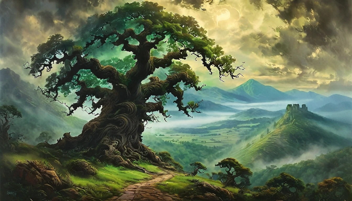 An ancient, towering oak tree stands majestically on a hill, its gnarled branches reaching towards the sky. In the background, ominous dark mountains loom in the distance, their peaks veiled in mist. This picturesque scene is captured in a vivid painting, each detail meticulously rendered in lush shades of green and brown.