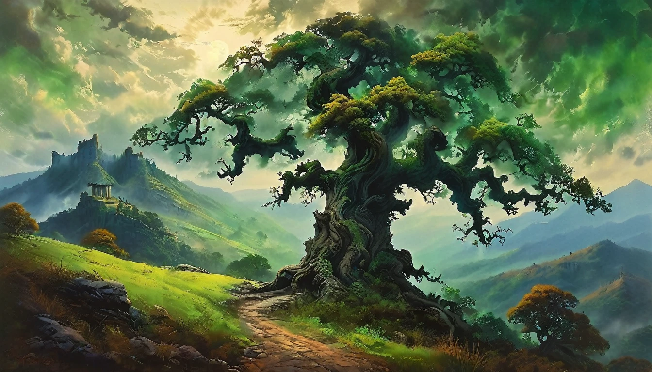 An ancient, towering oak tree stands majestically on a hill, its gnarled branches reaching towards the sky. In the background, ominous dark mountains loom in the distance, their peaks veiled in mist. This picturesque scene is captured in a vivid painting, each detail meticulously rendered in lush shades of green and brown.