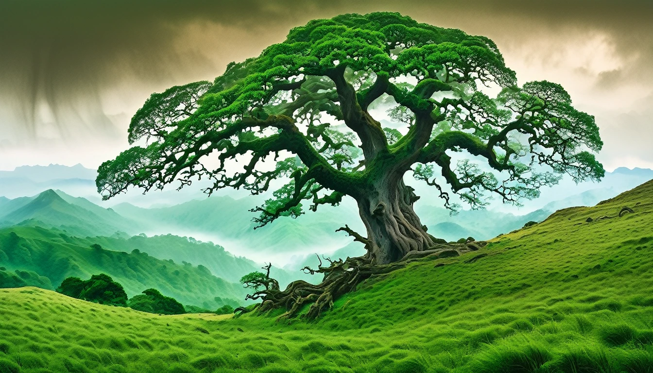 An ancient, towering oak tree stands majestically on a hill, its gnarled branches reaching towards the sky. In the background, ominous dark mountains loom in the distance, their peaks veiled in mist. This picturesque scene is captured in a vivid painting, each detail meticulously rendered in lush shades of green and brown.