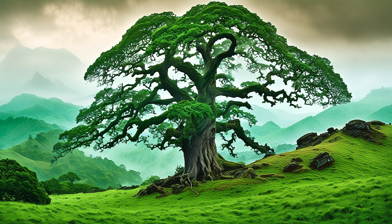 一個古老的, 高耸的橡树雄伟地矗立在山上, 它的树枝伸向天空. 在背景中, 远处隐隐可见阴森的黑山, 山峰笼罩在薄雾中. 这幅风景如画的场景被生动地描绘成一幅画, 每一个细节都以浓郁的绿色和棕色精心呈现.