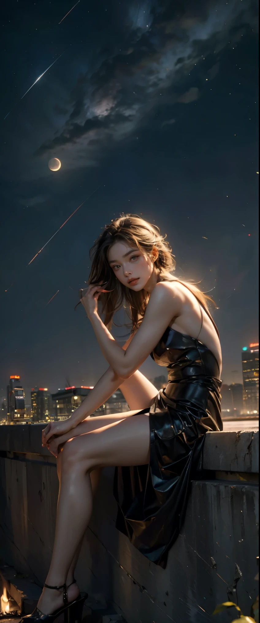 ((Meisterwerk, höchste Qualität, Höchste Bildqualität, hohe Auflösung, fotorealistisch, RAW-Foto, 8K)), ((extrem detailliertes CG Unified 8k-Hintergrundbild)), schwebend, Seitenansicht einer Frau, die auf einer riesigen Mondsichel am Nachthimmel sitzt,