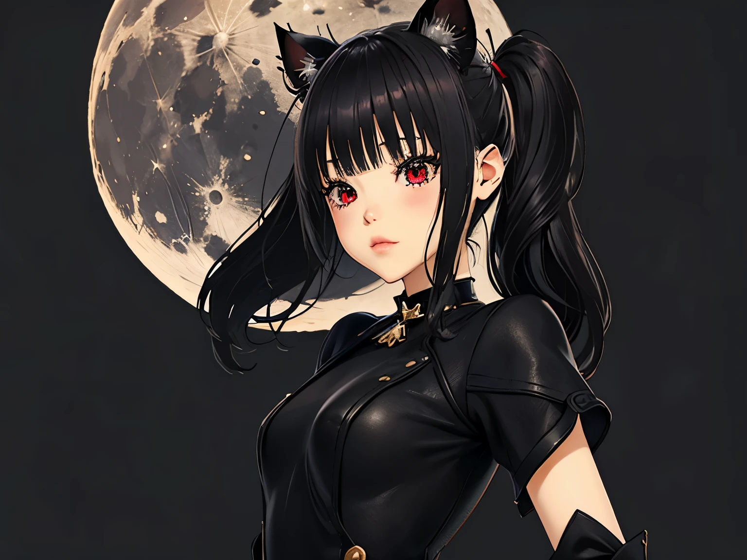 a 20 year old woman、,((long hair slightly wavy slightly past the shoulders, black bangs, small black pigtails on the sides, cute cat ears, beautiful thin red eyes,)),(masterpiece:1.4)、(de primera calidad:1.4)、(cara real:1.2)、(piel de aspecto real:1.1)、super high resolution、Un hiperrealista、alto detalle、Brown eyes、Bob corto de pelo negro、pendientes、camisa de cuello negro、falda por el、(pechos enormes:1.5)、Stand looking forward、Una sonrisa、en la azotea、la noche、super giant moon、More than half of the screen is the moon.、escena nocturna