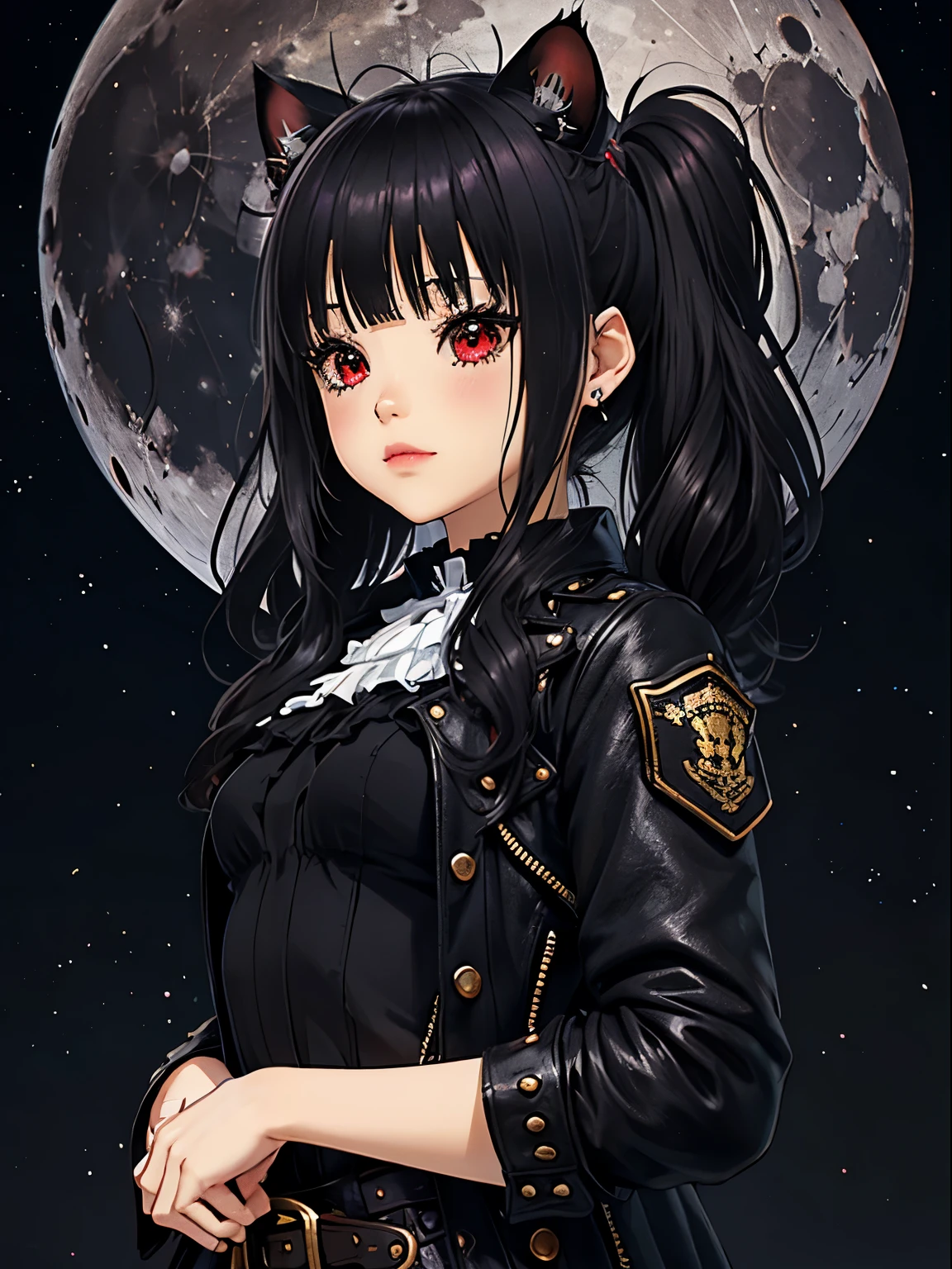 a 20 year old woman、,((long hair slightly wavy slightly past the shoulders, black bangs, small black pigtails on the sides, cute cat ears, beautiful thin red eyes,)),(masterpiece:1.4)、(de primera calidad:1.4)、(cara real:1.2)、(piel de aspecto real:1.1)、super high resolution、Un hiperrealista、alto detalle、Brown eyes、Bob corto de pelo negro、pendientes、camisa de cuello negro、falda por el、(pechos enormes:1.5)、Stand looking forward、Una sonrisa、en la azotea、la noche、super giant moon、More than half of the screen is the moon.、escena nocturna