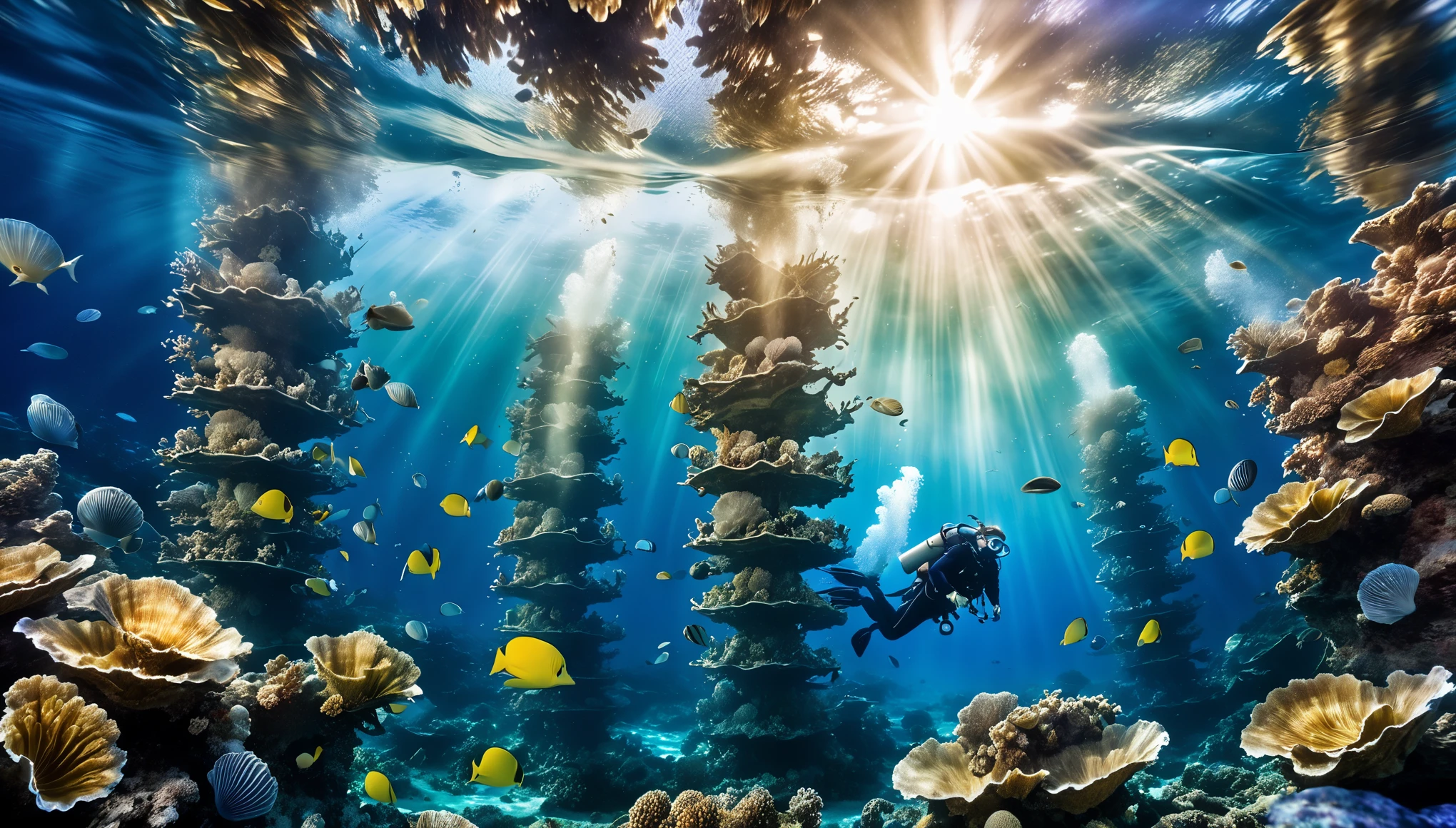 Arafed view of a coral reef with a diver and fish - SeaArt AI