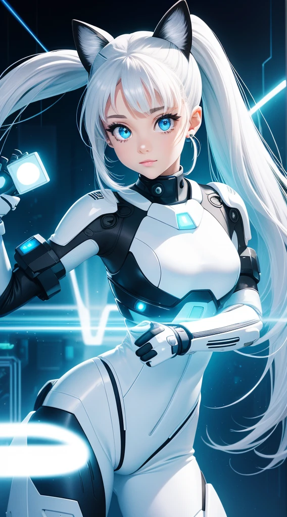 Full body internet girl with ponytail. Ariana Grande's face. Bright white indicates that she is a cyber girl with a white laser rifle. White eyebrows. Clothes like cat outfits. She also has bright blue eyes. The environment is similar to a terminator. The hair is platinum blonde. One side of her face was illuminated by bright blue. Like LEDs.  And both hands also have LED lights.