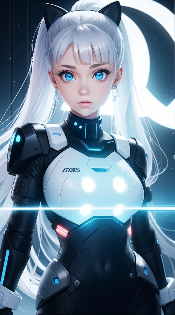 Full body internet girl with ponytail. Ariana Grande's face. Bright white indicates that she is a cyber girl with a white laser rifle. White eyebrows. Clothes like cat outfits. She also has bright blue eyes. The environment is similar to a terminator. The hair is platinum blonde. One side of her face was illuminated by bright blue. Like LEDs.  And both hands also have LED lights.