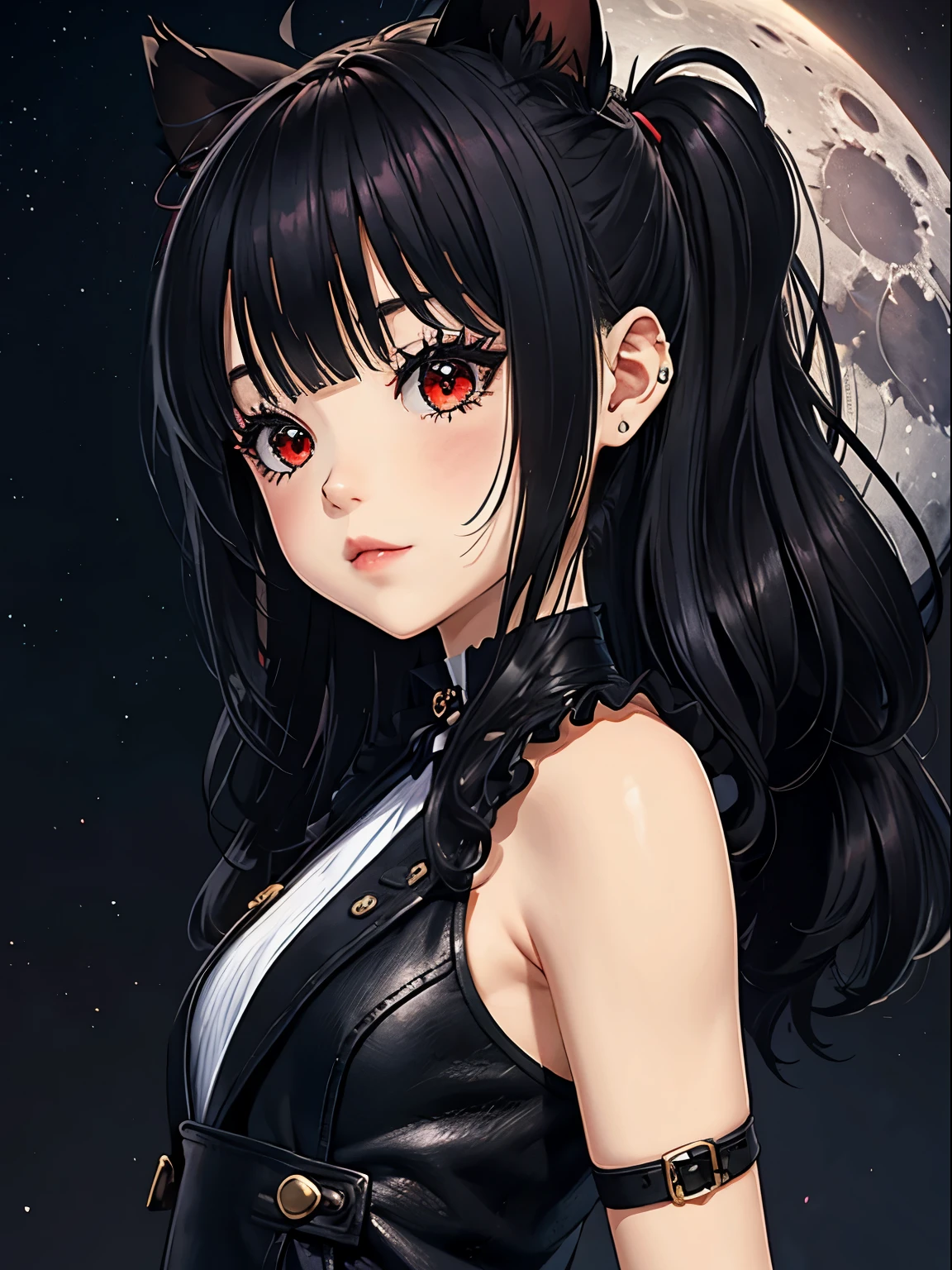 a 20 year old woman、,((long hair slightly wavy slightly past the shoulders, black bangs, small black pigtails on the sides, cute cat ears, beautiful thin red eyes,)),(masterpiece:1.4)、(de primera calidad:1.4)、(cara real:1.2)、(piel de aspecto real:1.1)、super high resolution、Un hiperrealista、alto detalle、Brown eyes、Bob corto de pelo negro、pendientes、camisa de cuello negro、falda por el、(pechos enormes:1.5)、Stand looking forward、Una sonrisa、en la azotea、la noche、super giant moon、More than half of the screen is the moon.、escena nocturna