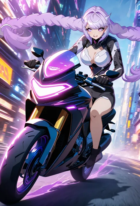 Girl on motorcycle，Gradient purple hair，Double tail，Purple pupils，Anime Cyberpunk Art, sitting on motorcycle,Motion Blur，Game cg style，Fine texture，Exquisite，detail，Fine texture