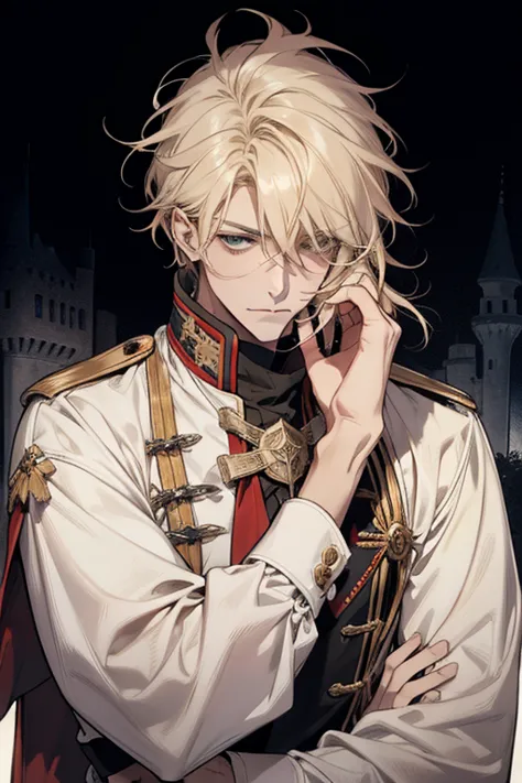 1 male, as-adult, messy blonde hair and bangs, prinz, white  clothes, handsome, dispassionate, the beautiful, condescending, sli...