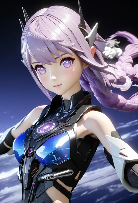 A girl floats in the air，Gradient purple hair，Purple pupils，Blue-purple hue，The background is a blue science fiction scene，3D Modeling，FF15 style， Anime style 3d, Perfect girl, 3D Rendered Official Art