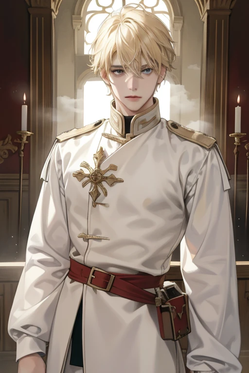 1 Male, AS-Adult, Messy blonde hair and bangs, prinz, white  clothes, Handsome, dispassionate, The beautiful, Condescending, slimification, in a castle, Medieval fantasy