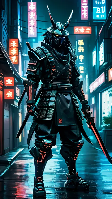 un hombre con armadura parado en una calle de la ciudad por la noche, very beautiful cyberpunk samurai, cyberpunk samurai, neon ...